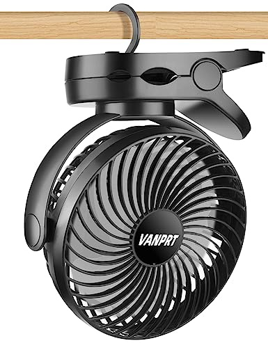 VANPRT 6'' Clip Fan, Portable Clamp Fans with Hanging Hook, 5000mAh Rechargeable Battery Fan, 3 Speeds, 720° Rotation, Quiet, Strong Grip Clamp, 7-30 Working Hours for Camp Stroller Bed - Black