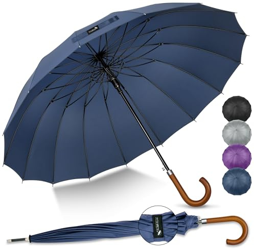 ZOMAKE Umbrella Wooden Handle,Large Umbrella Windproof Strong, Classic Walking Stick Umbrellas for Men Women,16 Ribs (Navy Blue-A)