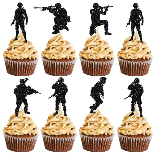 Gyufise 24 piezas de adornos para cupcakes de soldado militar con purpurina, temática militar, fuerzas especiales, para el Día del Veterano del Ejército, para hombres y niños, fiesta de cumpleaños,