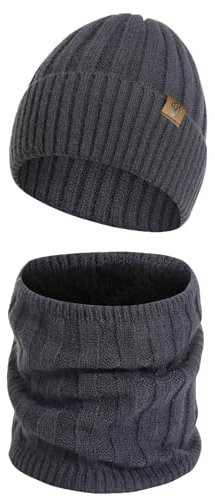 INSISMY Winter Mütze Loop Schal Set Warme Strickmütze und Halswärmer mit dickem Fleecefutter für Herren Damen