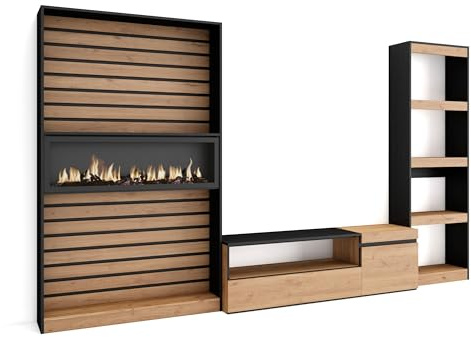 Skraut Home | Wohnwand Wohnzimmer | Wohnzimmermöbel, Möbelset | 320x186x35cm | Elektrokamin. Maße | Moderner Stil | Eiche Schwarz