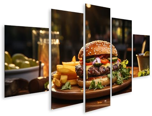 islandburner Cuadro sobre lienzo hamburguesa con tomate ensalada pepinos en plato de madera con friso cuadros murales póster