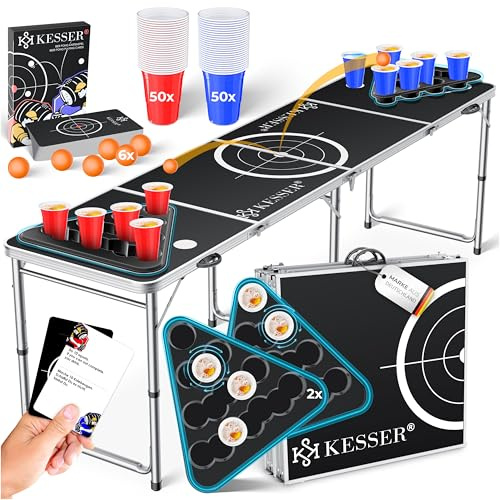 KESSER® Beer Pong Set de table avec jeu de cartes à boire – Avec 100 gobelets (50 rouges et 50 bleus), 6 balles + règles Jeux de fête Table réglable en hauteur pliable