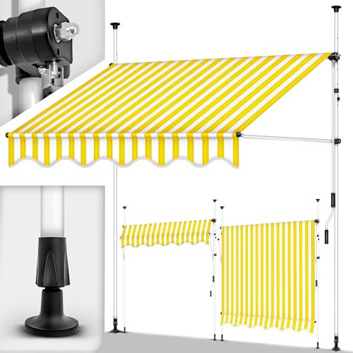 tillvex Tenda da Sole a Bracci con Manovella | Protezione Balcone, Regolabile, Senza Forare, a Manovella | Tenda resistente per Esterno ai raggi UV e regolabile in Altezza (250cm, Giallo/Bianco)