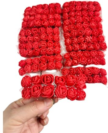 144 mini rose artificiali e stelo morbido, 25 mm, in polietilene, con garza per fai da te, fermagli per capelli da sposa, torte, corpetto da polso, ghirlanda, bracciali, fiori (rosso)