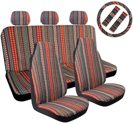 MINIKS 10 Stück Autositzbezüge Set im Ethno-Stil für KIA Opirus 2010-2022, Auto Sitzbezüge Komplettset in Bunte Streifen Stil Auto Lenkradhülle + Auto Gurtpolster,A