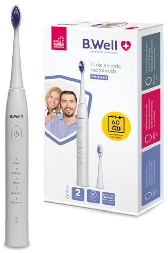 B.Well PRO-850 Schallzahnbürste | 5 Modi & 2 Monate Akkulaufzei | Schweizer Qualitätsstandards: 5 Modi, Smart-Timer mit 30-Sek-Intervall, wasserdichtes IPX7-Gehäuse & 2 Aufsteckbürsten.