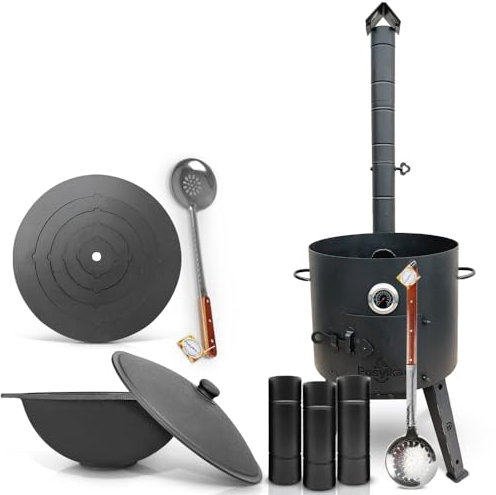Feuerofen Ø 44cm Herdplatte Ø48 cm Kazan Ø 46,5 cm (16 L) flacher Boden Thermometer Schornsteinverlängerung Schaumlöffel 48 cm Schaumlöffel 64 cm (Set - 569)