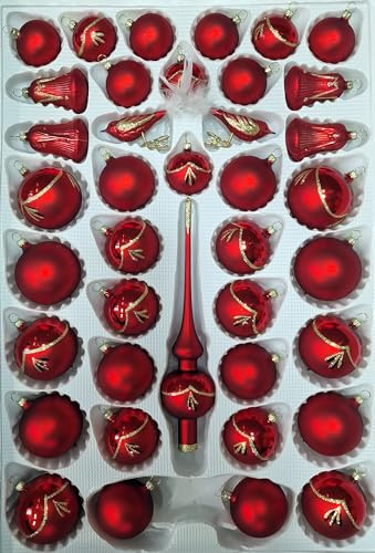 Lauschaer Glas Christbaumschmuck Sortiment mit Glocken rot Glanz matt 39 Teile Christbaumschmuck Weihnachtsschmuck mundgeblasen, handdekoriert