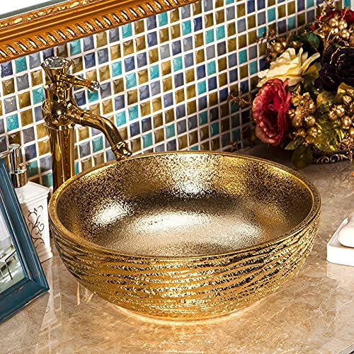 1 ensemble complet de lavabo moderne en céramique dorée avec robinet doré et bonde pour salle de bain