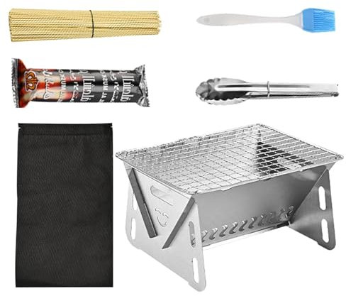 Huxibai Barbecue portatile a carbonella, barbecue a carbonella, griglia da tavolo in acciaio inox, pieghevole con aste e blocchi di carbone per cucinare all'aperto, campeggio, barbecue nel cortile