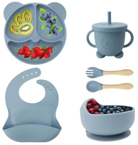 Eliano Lot de 6 pièces de vaisselle pour bébé en silicone - Sans BPA - Assiette et bol antidérapants - Bavoir - Gobelets d'apprentissage avec paille et couverts - Kit de weaning LED pour bébé (bleu)