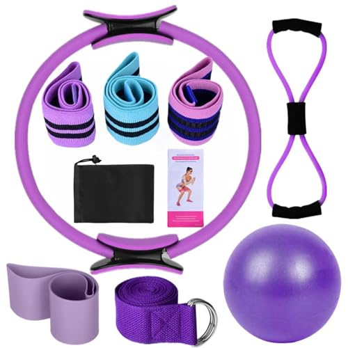 Pilates Ring Set, 8 Teiliges Pilates Set für Zuhause mit Pilates Ring Yoga Ball, Yoga Gurt und Fitnessbänder, Pilates Kit, Pilates Essentials Kit für Yoga, Pilates, Stretching und Fitness (Lila)