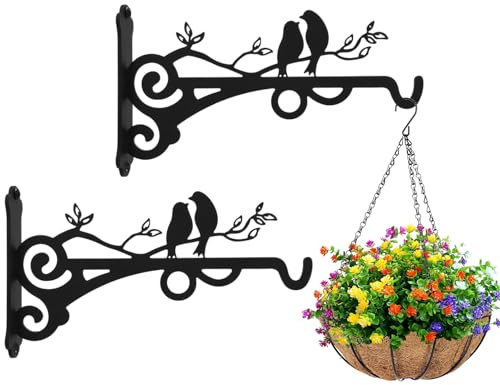 DHFUCNKO 2 PCS Hanging Basket Bracket, Iron Plant Hanger,Ceiling Hooks for Hang Plants,Hanging Plant Hooks,Wall Mounted Hook for Garden Flowers/Chimes/Lantern/Light/Bird Feeder, Pack of 2 Black