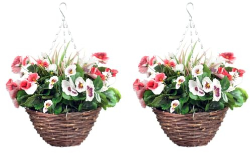 Lot de 2 paniers suspendus en forme de pensée artificielle Rose et blanc 25 cm Résistant aux intempéries