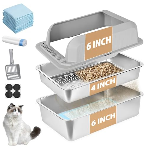 Homegroove Stainless Steel Sifting Litter Box for Pine Pellets, 23.6''x15.7''x12'' XXL Metal Cat Litter Box with Lid for Indoor Cats Pellet Sifter Litter Pan with Plastic Scoop &10 Urine Pads