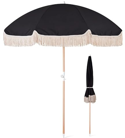 WBQYIPD Wooden Tilted Garden Umbrella, 6.6ft Portable Outdoor Tassel Umbrella UPF50+ Sun Protection Parasol for Patio Beach