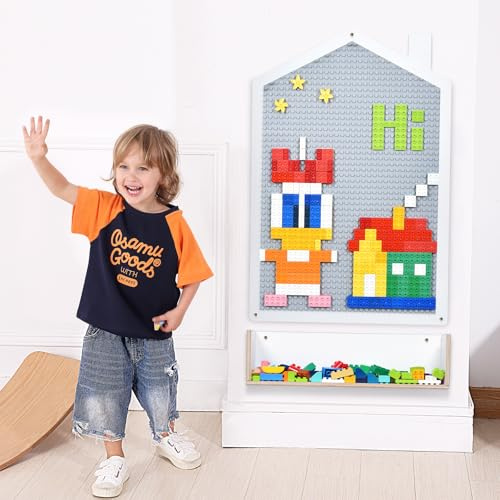Bolocon Vertical Building Brick Base Plate & Chalkboard, 2-Sided Activity Panel and Blackboard for Kids&Toddlers Playroom, Compatible with All Major Block Brands (House-Shaped Surface w/Storage Box)