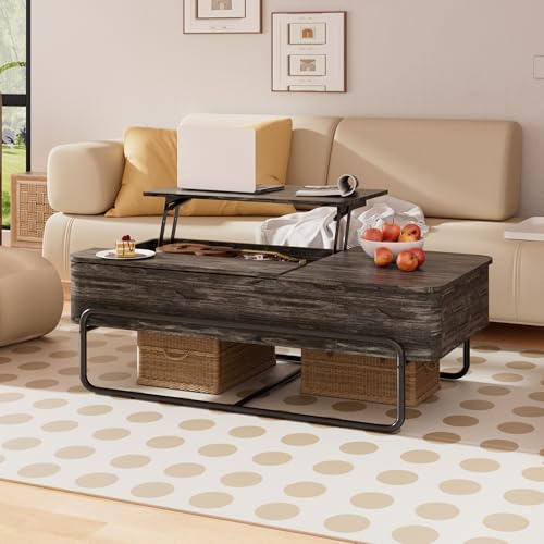 PURFINO Couchtisch Höhenverstellbar – 3-Teiliger Industrietisch, Ausziehbarer Schublade, Stabiler Metallrahmen & Versteckter Stauraum, Kaffeetisch für Wohnzimmer, Kleine Räume, Home Office