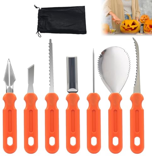 MINGRUO 7 Piezas Kit para Tallar Calabazas, Juego de Tallado de Calabaza, Decoración DIY de Halloween, Talla Calabaza Bricolaje Herramientas de Acero Inoxidable
