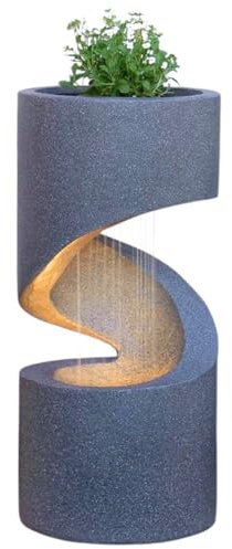 Festive Lights - 61.5cm Slate Grey LED Lit Solar Powered Stone Effect Water Feature with Flower Planter - Outdoor Polyresin Rainfall Garden Fountain, Timer Functions, External Panel, IP44 Rated