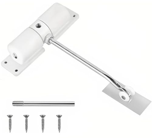 White Hydraulic Spring Loaded Automatic Door Closer 1 Pack | Adjustable safety interior self closing gate hinge with adjusting rod and screws for room