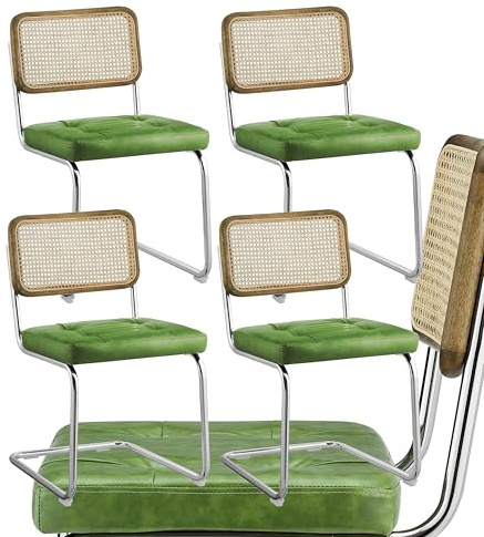 Zouron Stühle 4er Set - Grün Esszimmerstühle mit Eichenholz Küchenstühle, Schwingstühle 4er Set Avocado-grün, Gartenstühle Loungesessel Rattan Stuhl, Sitzfläche Kunstleder Metallgestell