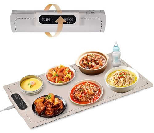 Placa calentadora eléctrica para alimentos, portátil y enrollable con 3 temperaturas (60/80/100 °C)/3 niveles de temporizador (1/2/4H), silicona, fácil de limpiar (260 W), para mantener el calor