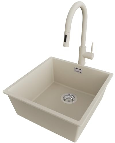 PRIMAGRAN Fregadero bajo Encimera al Mueble 50cm + Grifo, 46x47cm | Set: Grifo BW9010 + Kit de desagüe (sifón, válvula, rebosadero) + London 1 Seno Granito, Beige