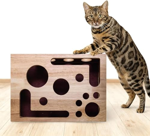 Caja de madera para rascar con lima de uñas para gatos, juguete laberinto con almohadilla de lija, caja rascadora para gatos de interior, lima de uñas suave alternativa a cortaúñas y amoladoras (1PCS)