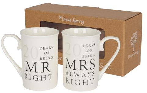 Nicola Spring 20th Anniversary Coffee Mug Set - 300ml Set of 2 New Bone China Coffee Teacup Drinking Mugs for Wedding, Milestone Celebration, His & Hers, Mr Right Mrs Always Right Couples Gift Box