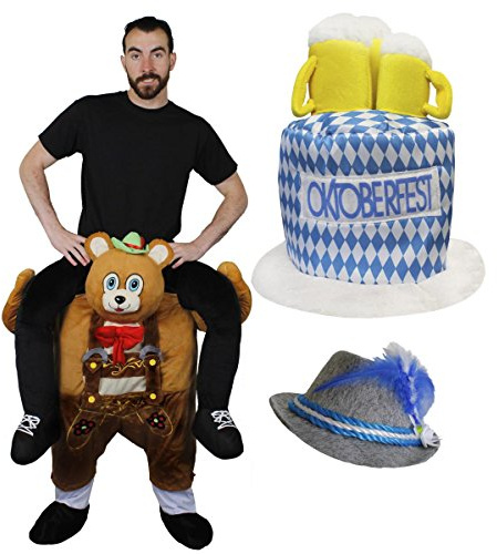 Adult Unisex Oktoberfest Bavarian Bear Pick Me Up Ride-On Costume with Hat | one-size ride-on bear costume, choice of hat, plush brown finish, piggyback design, Oktoberfest fancy dress