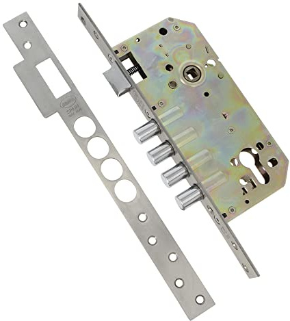 Amig - Serratura da incasso con buloni per porte in legno mod. 100-50/85 mm - Con cilindro e scudo di sicurezza - Maniglia reversibile - Acciaio inossidabile opaco