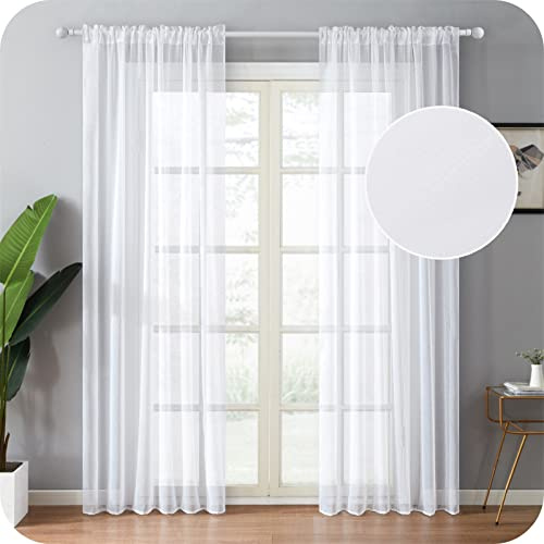 Topfinel Voile Vorhänge mit Tunnelzug in Leinen-Optik Transparent für Wohnzimmer Schlafzimmer Fenster Einfarbige Gardinen Weiß 2er Set je140x260cm (BxH)