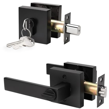 KNOBWELL Heavy Duty Exterior Door Knob with Double Cylinder Deadbolt, Solid Steel Square Entry Door Handle Lever with Deadbolt Set for Front Door or Office, Matte Black Finish,1 Pack