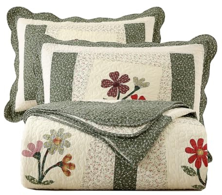 vctops Gestepptes Tagesdecken-Set mit Blumenmuster, 3-teilig, 100% Baumwolle, wendbar, Patchwork, Deckenset 1 Steppdecke und 2 Kissenbezüge (Grün, King-Size)