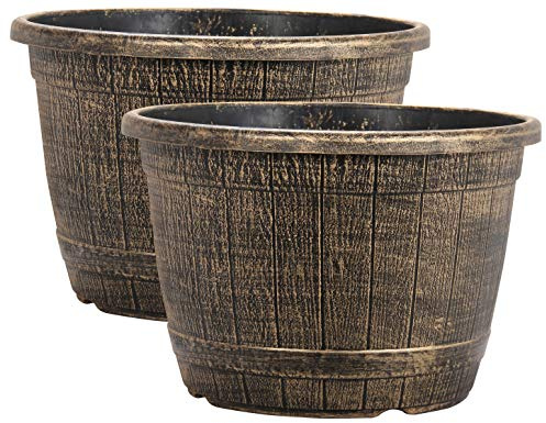 Muddy Hands Bronze Wooden Barrel Effect Plant Pot Round Plastic Planter Outdoor Garden Flower Tree Herb (2, 25.8 Litre)