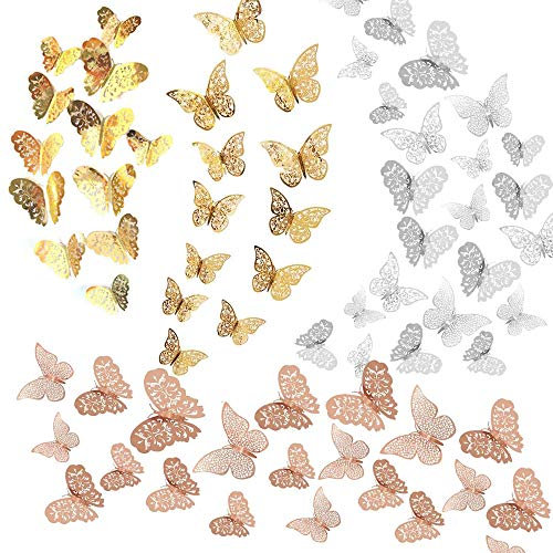Allazone 72 PCS 3D Papillon Stickers Papillons Decorati Papillon Autocollants Muraux pour Murs Fenêtre de Chambre Bébé, Décor de Fête, Or Rose, Or, Argent