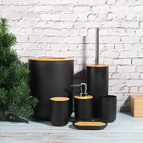 Wakects 6-Teiliges Badezimmerzubehör Set - Seifenspender, Zahnbürstenhalter, Spülbecher, WC-Bürstenhalter, Mülleimer - Komplettes Badezimmer-Set Aus PP Und Holz (Schwarz)