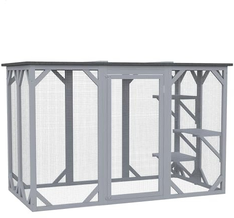 PawHut Outdoor Cat House - Wooden Feral Cat Shelter with Platforms, Large Entrance, Weather Protection Asphalt Roof, 71 L, Gray
