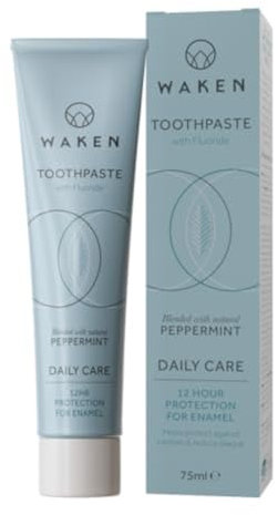 Waken, Peppermint Fluoride Toothpaste, Helps protect against cavities and reduce plaque, No Artificial Colours, Thoughtful Packaging, Recycled Aluminium Tube, Vegan Toothpaste, 75ml