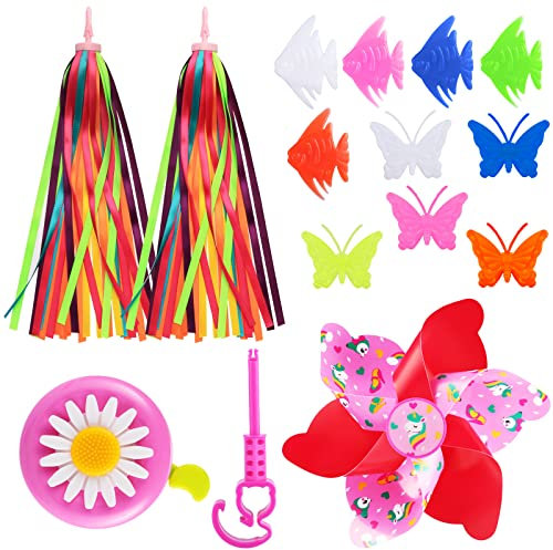 UNOLIGA Kinder Fahrradzubehör, Inklusive Kinder Mädchen Jungen Fahrradklingel, Fahrradlenker Quaste Luftschlangen, Fahrrad Windrad Speichenclip, Kinderroller Laufrad Zubehör