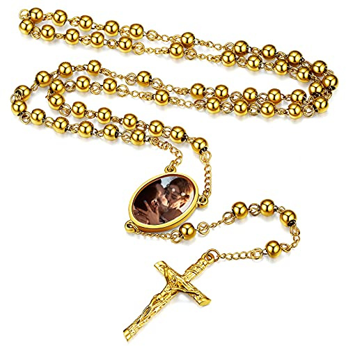 FaithHeart Personalisierte Rosenkranz Kette für Damen Mädchen， Christliche Rosenkranz Halskette，Foto Halter mit Geschenkebox für Muttertag Geburtstag Weihnachten