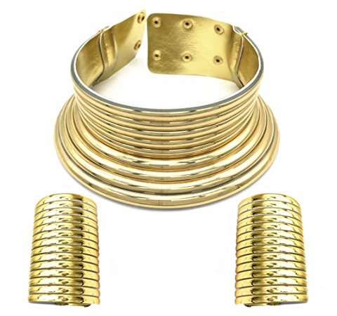 COLORFUL BLING African Statement Choker Snap Necklaces Bangle Jewelry Set Egypt Long Neck Collar Chunky Wide Leather Bracelet Stud Earring for Women-gold