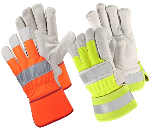 RUFTUF 5 Pairs Hi-Vis Yellow/Orange Thermal Cotton Fleece Lining Leather Work Safety Rigger Gloves (Hi-Viz Orange)