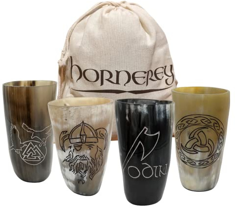Hornerey Hornbecher-Set Odin, Trinkhorn Set Wikinger 300ml, 4 Stück