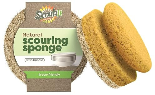 SCRUBIT Natural Scouring Pads, Eco Friendly Scrubbing Sponges for Kitchen Cleaning and Dishes, Non-Scratch Dish Scrubber with Easy-Grip Sponge Handle - Biodegradable - 2 Pack