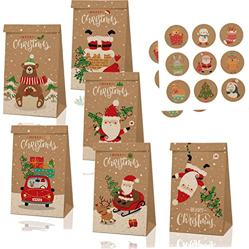 Notwoe® 12 Stück Geschenktüten Weihnachten,Personalisierte weihnachtstüten,Geschenktüten mit Weihnachtspinguin,Papiertüten Weihnachten für Geburtstagssüßigkeiten,Partys,Hochzeiten,Märkte. (Brown-B12)