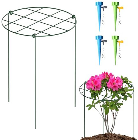 4 Pack Round Grow Through Plant Supports, Metal Grow Through Grid with 4 Self Watering Spikes, 3 Legs Strong Garden Flower Support for Dahlia, Rudbeckia, Lupin, Agapanthus, Orchid, Peony, 41x30cm