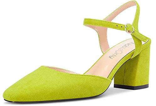 NobleOnly Mujer Medio Chunky Ancho Heel Cerrado el Dedo del pie Cuadrada Punta Slingback Correa Tobillo Sandalias Fiesta Dress Zapatos 6.5 CM Heels Verde Lima 44 EU